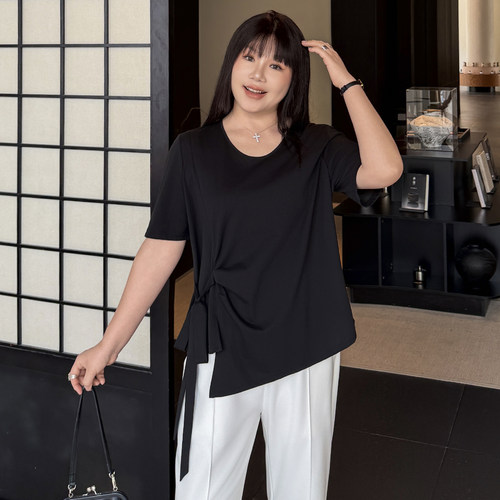 大码女装绑带黑T恤宽松显瘦