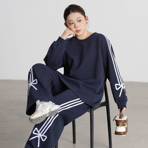 蝴蝶结织带时尚大码套装女春新款胖mm宽松卫衣+休闲裤运动两件套