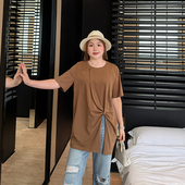 胖mm宽松显瘦正肩短袖 巨遮肚收褶开叉大码 t恤女2025夏款 凉感上衣