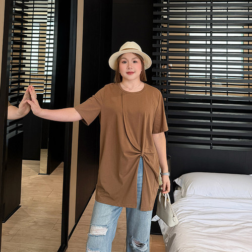 巨遮肚收褶开叉大码t恤女2026夏款胖mm宽松显瘦正肩短袖凉感上衣