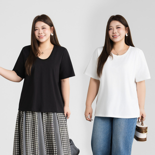 百搭纯色棉质U领正肩T恤女200斤大码胖mm宽松显瘦基础款短袖上衣