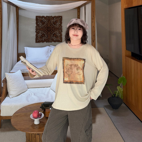 大码女装方块缝花t恤宽松百搭