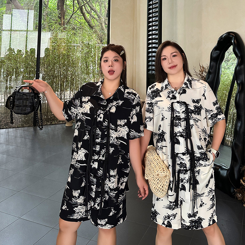 心存真大码女装新中式夏季胖妹mm水墨画衬衫+宽松短裤两件套装潮,女装/女士精品,大码套装,淘宝优惠券,粉丝福利购,淘宝优惠卷