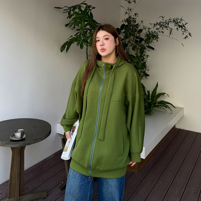 垂感空气层连帽外套女2026春新款200斤大码胖mm宽松显瘦卫衣开衫
