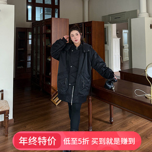 大码女装工装风加厚棉衣200斤胖mm宽松中长款保暖棉服外套冬潮酷