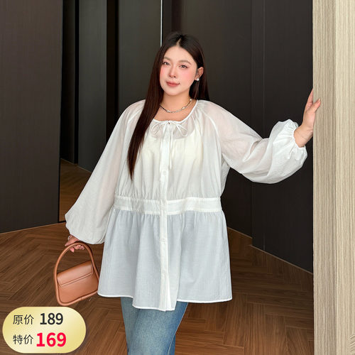 大码女装泡泡袖衬衫宽松显瘦