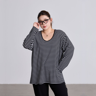 上衣200斤 胖mm宽松显瘦长袖 莱赛尔u领条纹t恤女2026春新款 大码