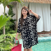 新款 个性 夏季 T恤女装 200斤胖妹妹mm宽松中长大号上衣 波点冰丝大码