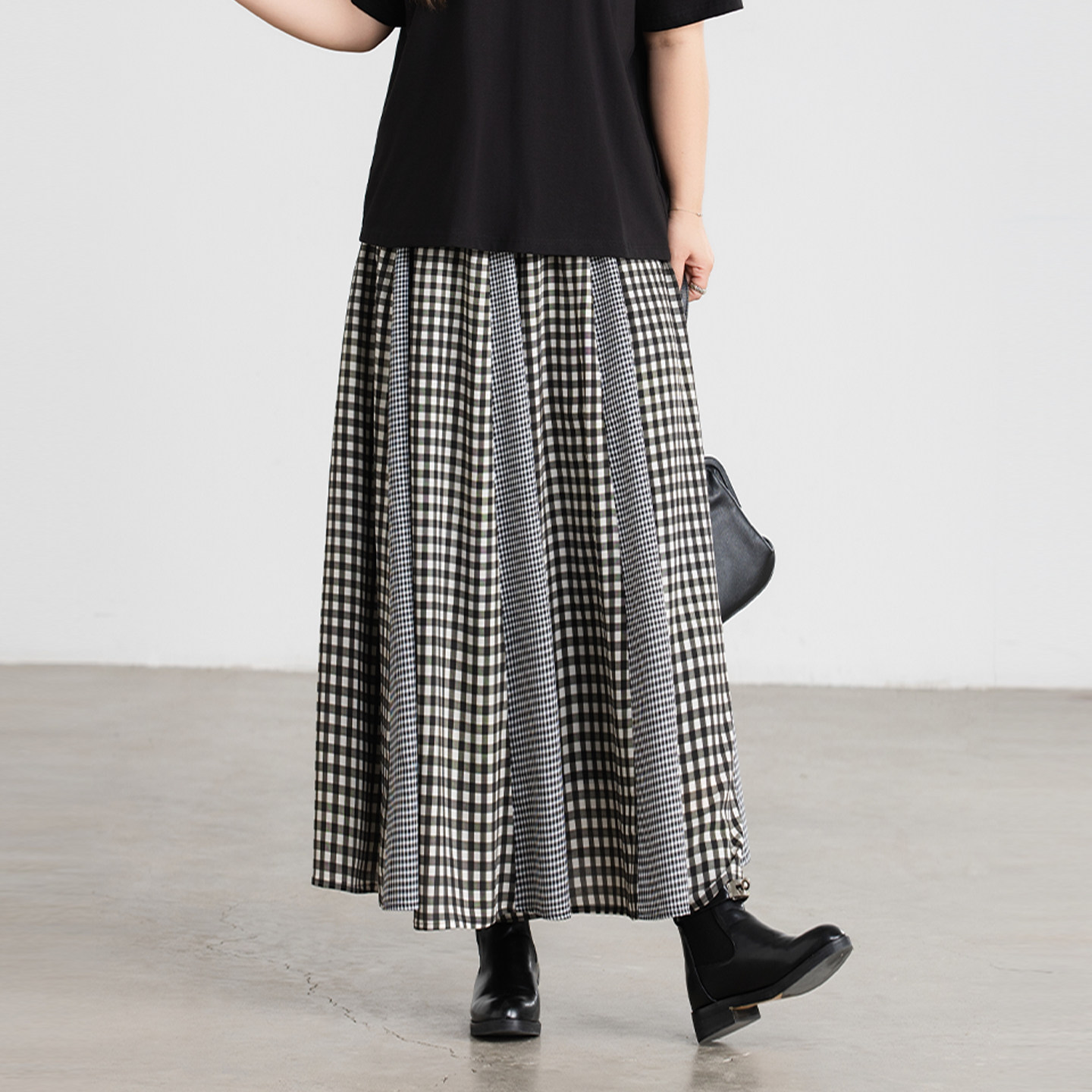 大码女装格子拼接雪纺中长裙2026春新款胖mm宽松显瘦百搭半身裙