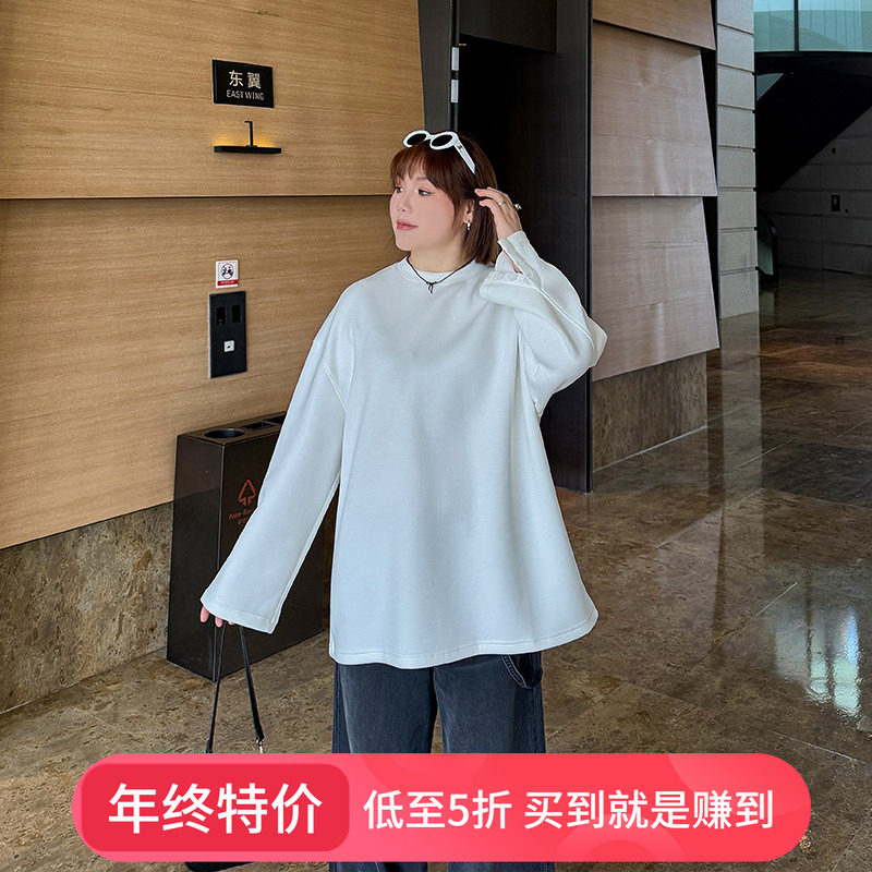 精梳棉后开叉上衣大码女装2025年春季新款200斤胖mm宽松长袖T恤,女装/女士精品,大码内搭,淘宝优惠券,粉丝福利购,淘宝优惠卷