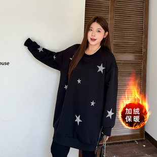 烫钻加绒加厚特大码卫衣女长款200斤胖mm宽松显瘦减龄遮屁股上衣