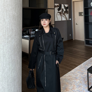 高端定制特大码女装长款过膝风衣200斤胖妹妹mm宽松机车外套潮酷