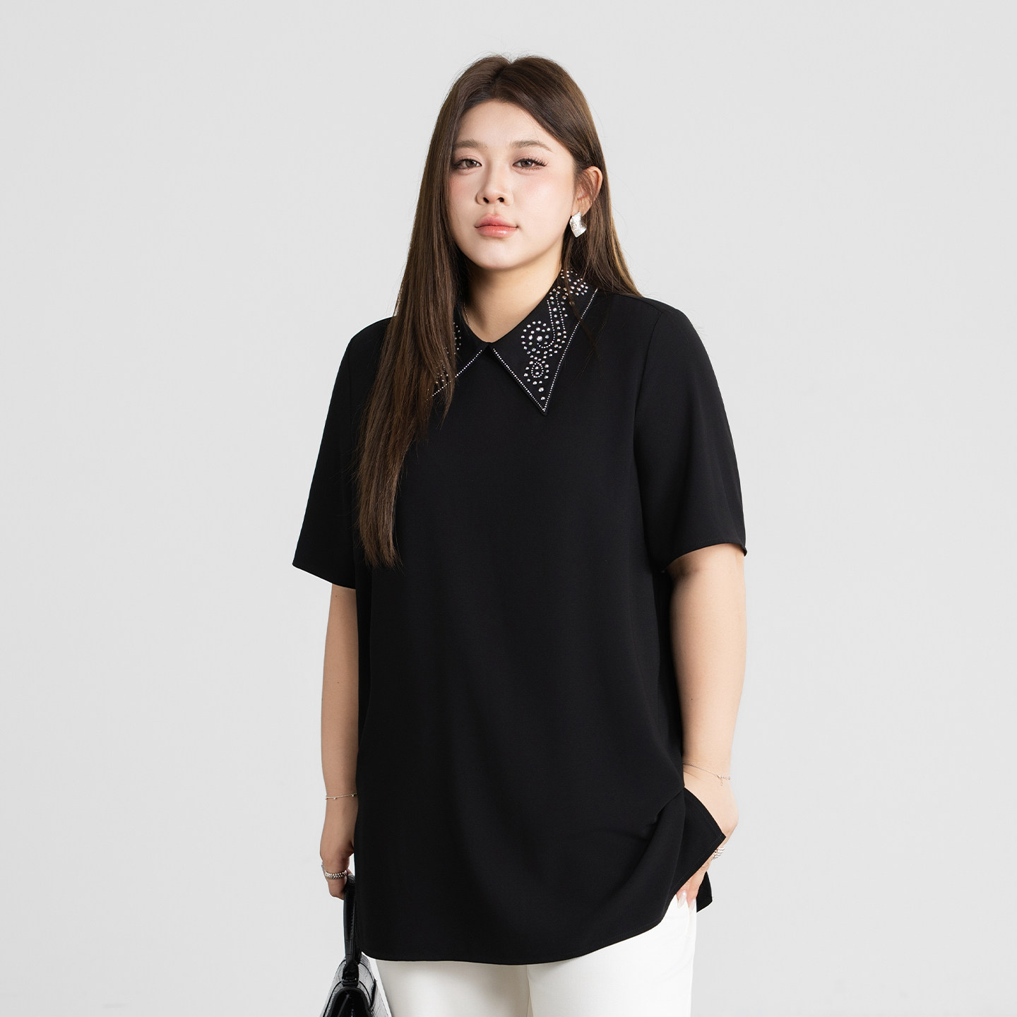 心存真大码女装POLO烫钻T恤2026夏新款200斤胖mm显瘦气质短袖上衣