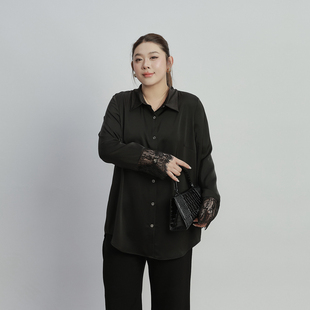 大码 胖mm宽松显瘦气质长袖 衬衫 新款 衬衣 女2026春装 缎面防皱蕾丝袖