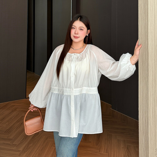 大码女装泡泡袖衬衫宽松显瘦