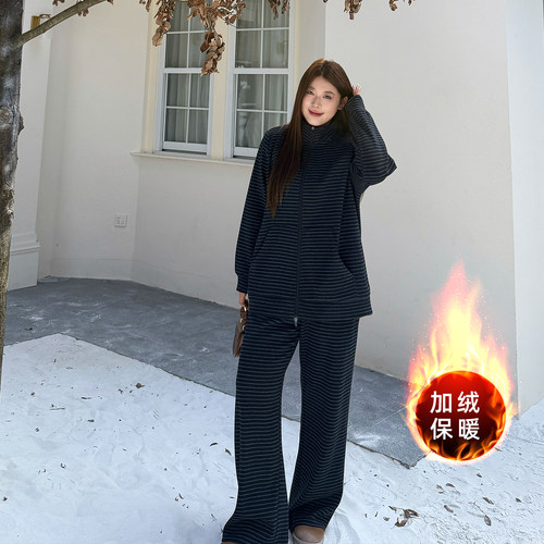 大码女装加绒加厚套装宽松显瘦