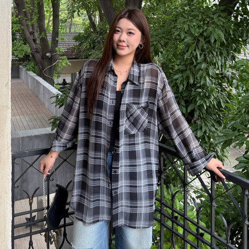 大码女装格子雪纺衬衫宽松显瘦