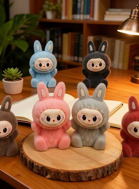 植绒坐姿拉布布装扮可爱蛋糕labubu装饰摆件儿童生日甜品烘焙插件