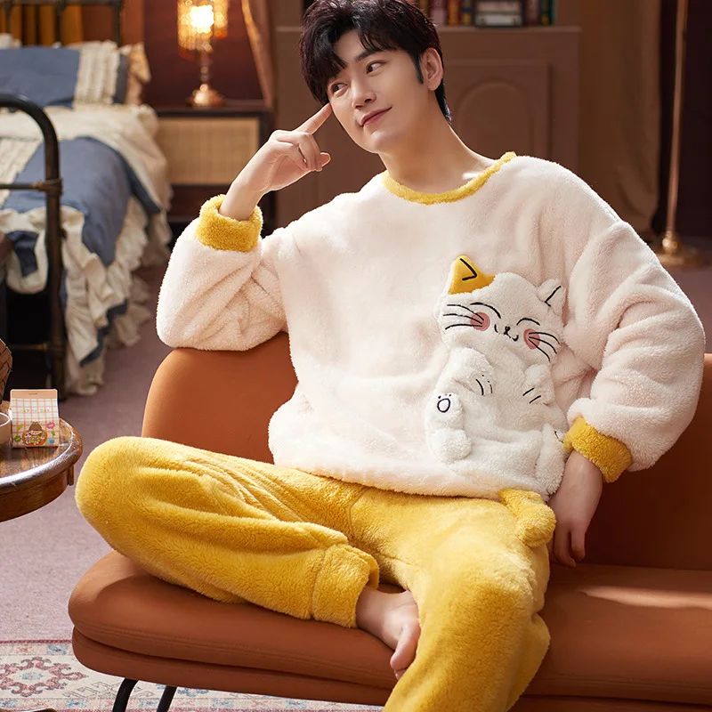 Men's Thickened Coral Fleece Flannel Pajamas Winter Home Clo