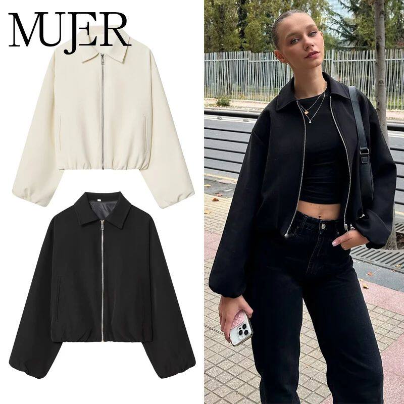 MUJER Puffed Bomber Jackets for Women Zip Varsity Cropped Ja