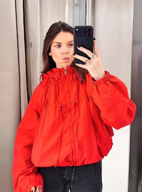 Fashion Red Hooded Windbreaker Jacket Women Oversize Long Sl