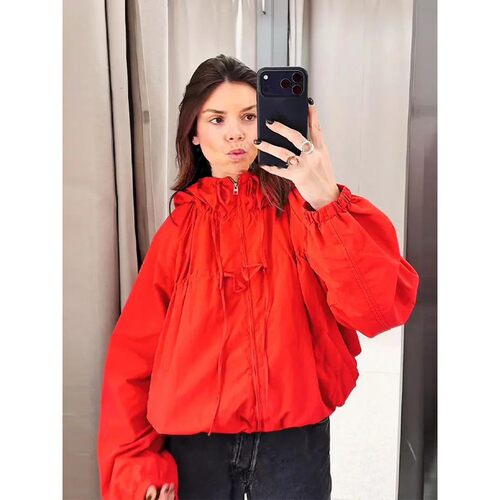 Fashion Red Hooded Windbreaker Jacket Women Oversize Long Sl