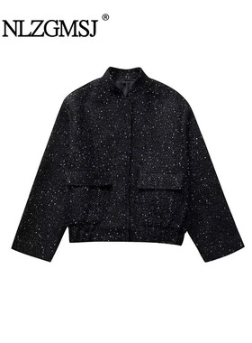 Nlzgmsj Women Shiny Sequin Jacket Y2k Gold Color Stand Colla