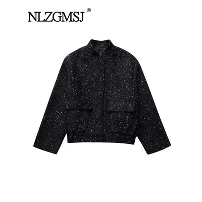 Nlzgmsj Women Shiny Sequin Jacket Y2k Gold Color Stand Colla