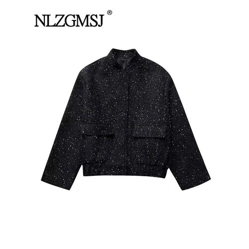 Nlzgmsj Women Shiny Sequin Jacket Y2k Gold Color Stand Colla
