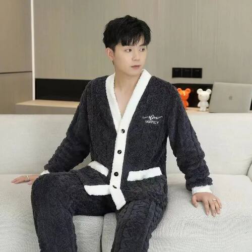 Coral Fleece Pajama Set Men Sleepwear Winter Pajamas Cardiga