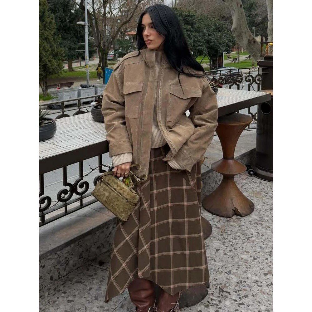 HH 2025 Fashion Women Solid Suede Textured Jacket Casual Sta