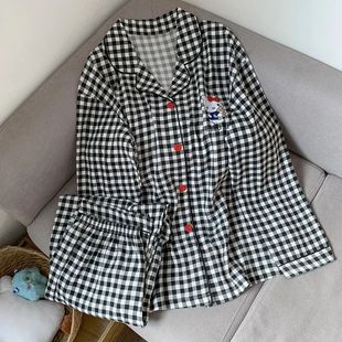 Big Size Pijama Hello Kitty for Ladies Plaid Long Sleeve Out