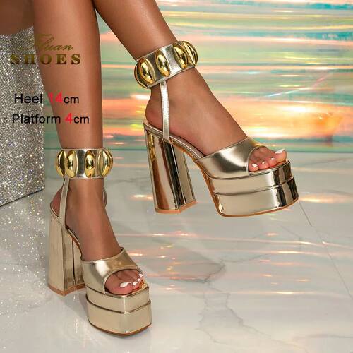 Fashion Gold 14CM High Heel Women's Sandals Summer Nightclub