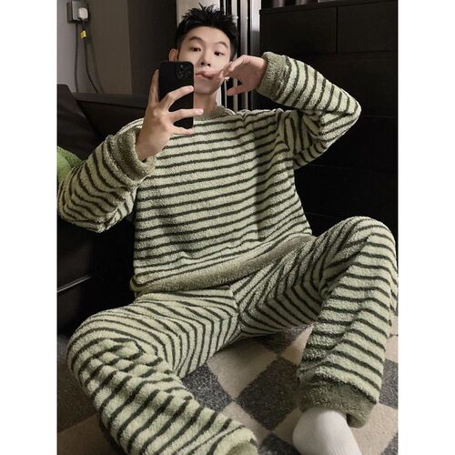 DAIMELU green striped men pajamas long sleeved winter coral