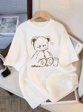Cute Teddy Bear Print Crew Neck Tops Women's Fit Short Sleev