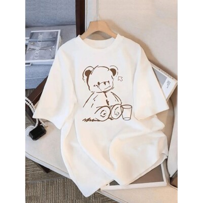 Cute Teddy Bear Print Crew Neck Tops Women's Fit Short Sleev