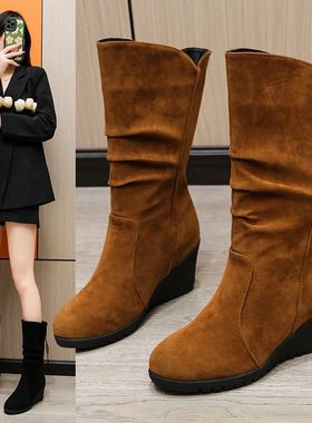 Vintage Faux Suede Wedge Ankle Boots for Women's 2024 Autumn