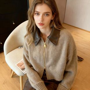 PRINTKAOIR Patchwork Zipper Cropped Cardigan Women Autumn Kn