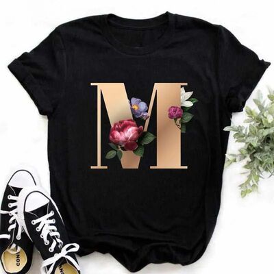 A B C D E English Alphabet Print T Shirt Women New Summer Co