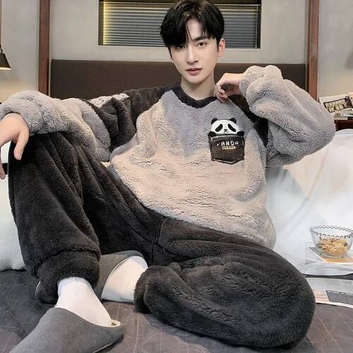 3XL Large Size Winter Plush Pajamas Men's Thickened Warm Vel