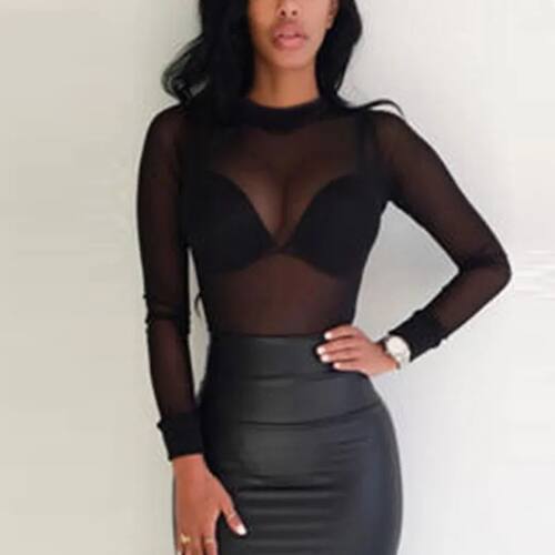Sexy Women T Shirt See Through Transparent Mesh Tops Long Sl