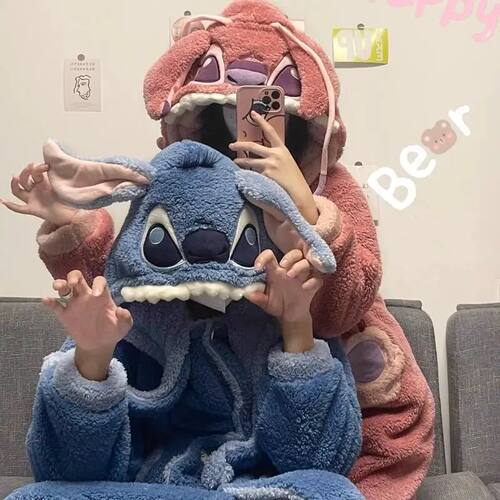 Hot Anime Cute Stitch Women Pajama Coral Velvet Thickened Wa