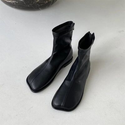2024 Autumn ladies Soft Leather Boots Square zipper antislip