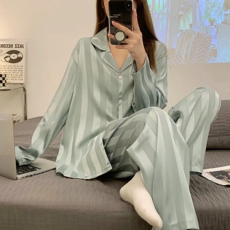 Striped Satin Pajamas Women Jacquard Loungewear Long Sleeve