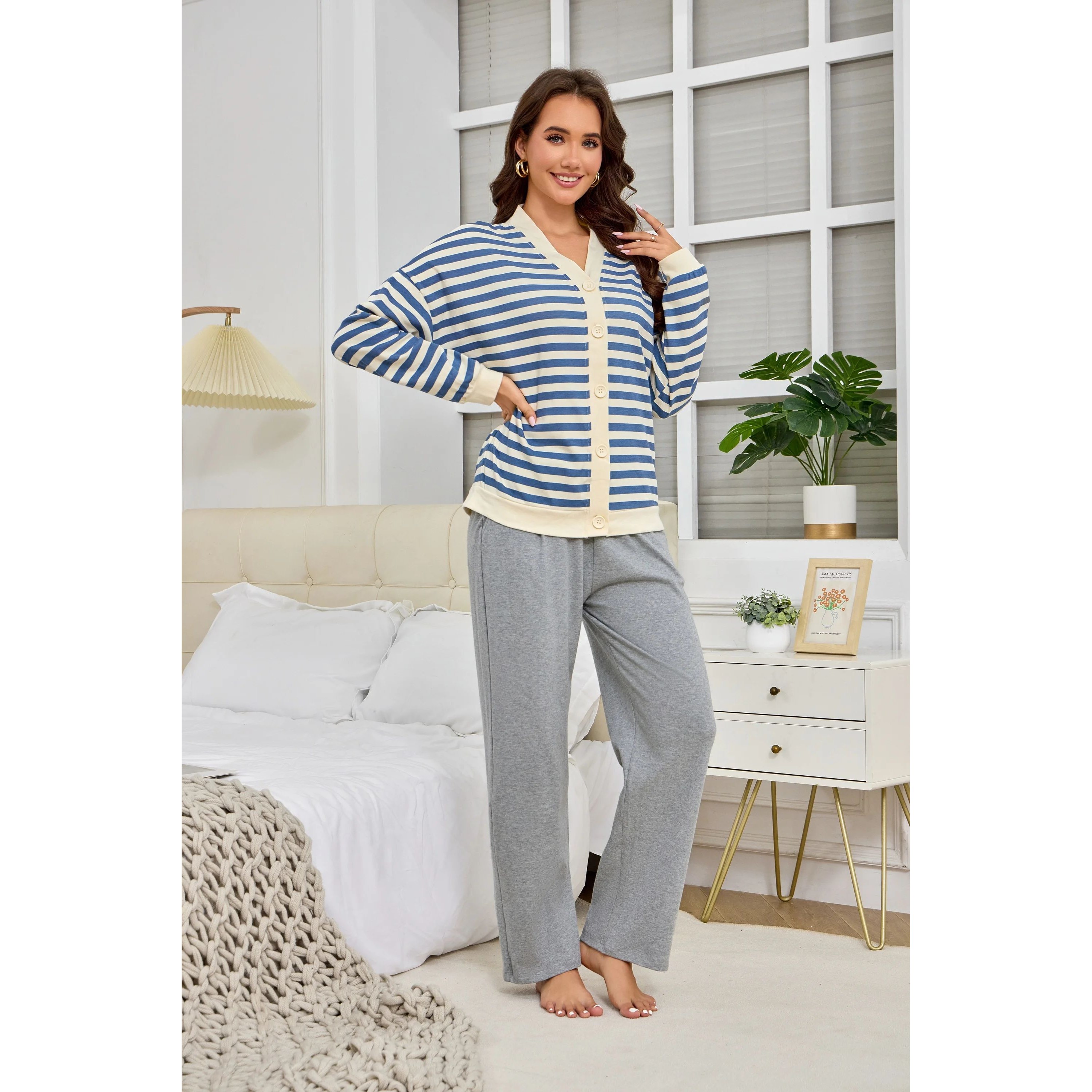 New Blue Striped Pajamas Women's Autumn and Winter Long Slee