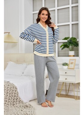 New Blue Striped Pajamas Women's Autumn and Winter Long Slee