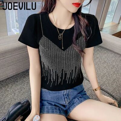 Diamond Short Sleeve T Shirt Female Slim Fit Fake Two Shiny