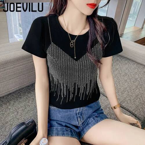 Diamond Short Sleeve T Shirt Female Slim Fit Fake Two Shiny