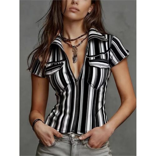 Fashionable Sexy Denim Stripe Print Short Sleeve Shirt for Y