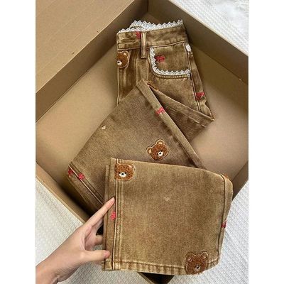 Lace Teddy Bear Embroidered Patchwork Design Wide leg Jeans